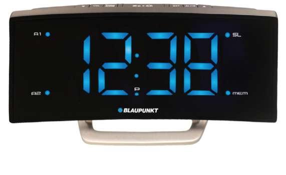 CR7BK Radio FM z cyfrową syntezą PLL i pamięcią 10 stacji Zegar z funkcją podwójnego alarmu i drzemki Duży niebieski wyświetlacz LED (47 mm) Przyciemnianie wyświetlacza Alarm radiem lub brzęczykiem