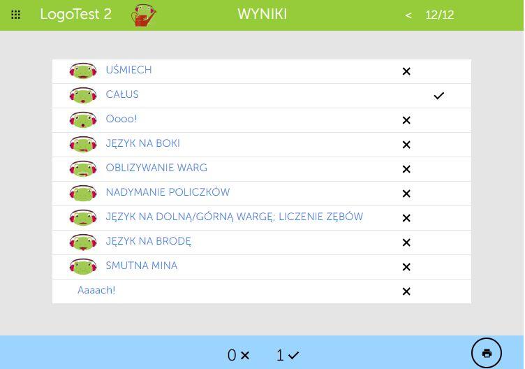Wykaz odpowiedzi udzielonych przez dziecko jest dostępny w raporcie końcowym, który tworzony jest na bieżąco w czasie przeprowadzania ćwiczeń.
