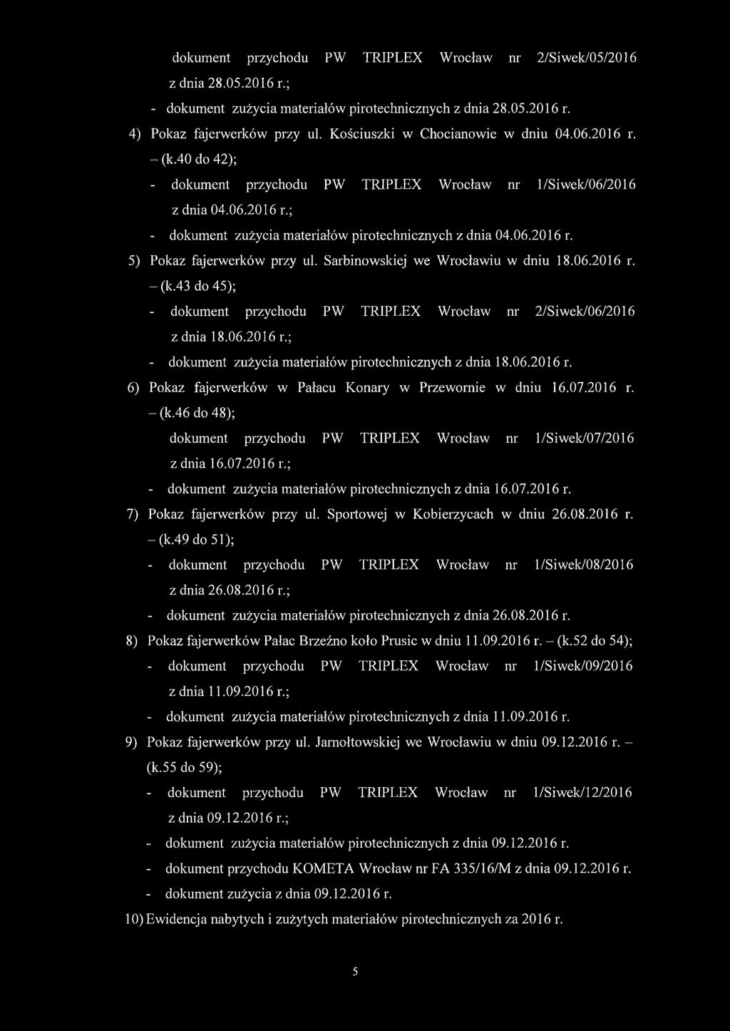 06.2016 r. 5) Pokaz fajerwerków przy ul. Sarbinowskiej we Wrocławiu w dniu 18.06.2016 r. - (k.43 do 45); - dokument przychodu PW TRIPLEX Wrocław nr 2/Siwek/06/2016 z dnia 18.06.2016 r.; - dokument zużycia materiałów pirotechnicznych z dnia 18.