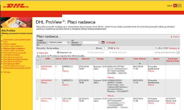 informacje o przesyłce 10 INFORMACJE O PRZESYŁCE Wyświetlenie listy