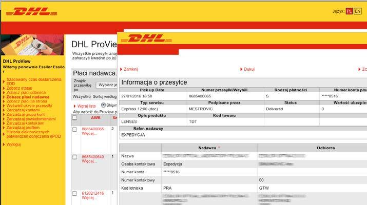 : płaci odbiorca, płaci nadawca, przesyłka odprawiana, dostarczono)