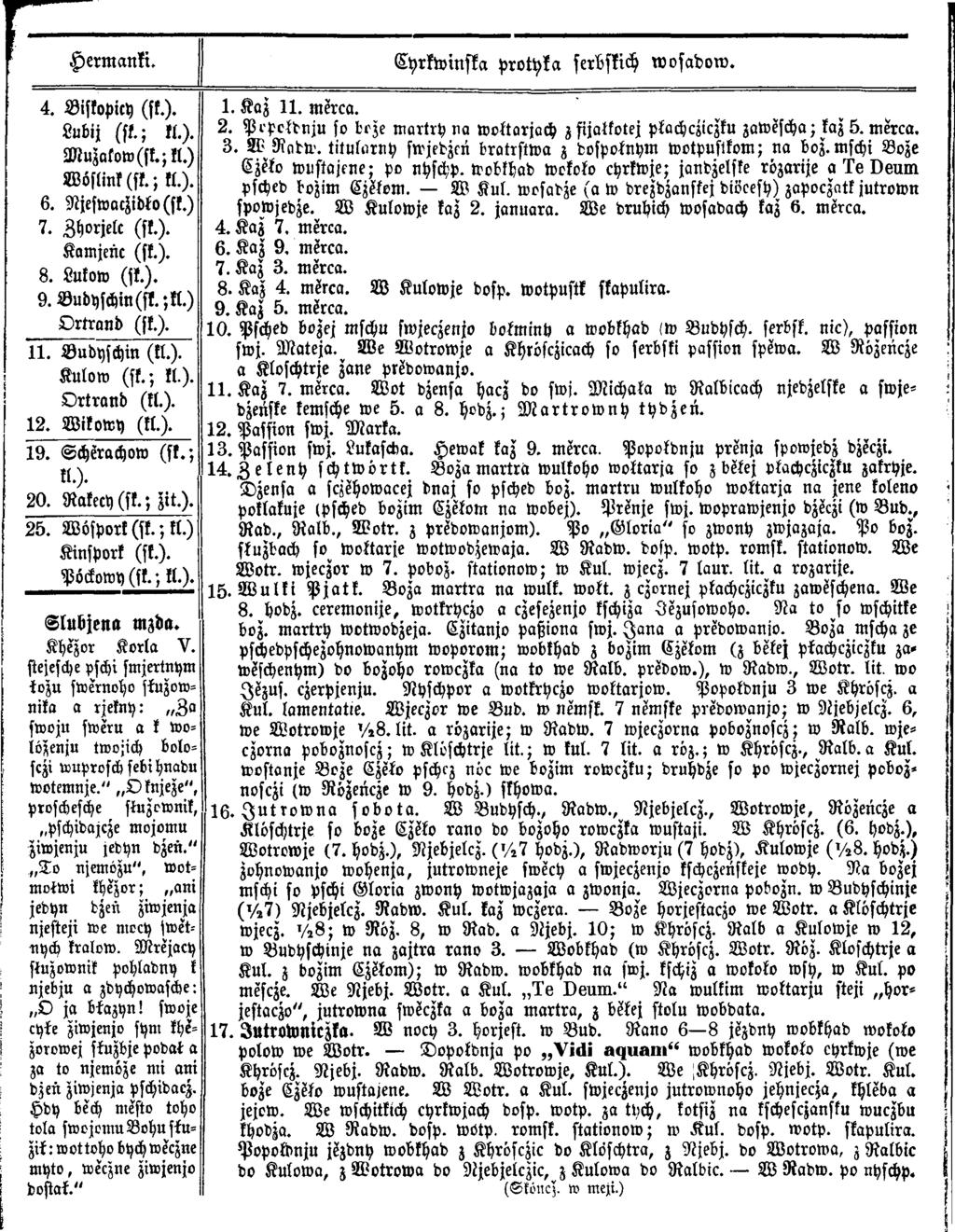 Hermanki. Cyrkwinska protyka serbskich wosadow. 4. Biskopicy (ff.). Lubij (ff.;».). Muzakoto(sk.;kl.) W öslink(sk.; kl.). 6. Njeswacsidko (sk.) 7. Zhorjelc (sk.). Kamjenc (sk.). 8. Lukow (sk.). 9.