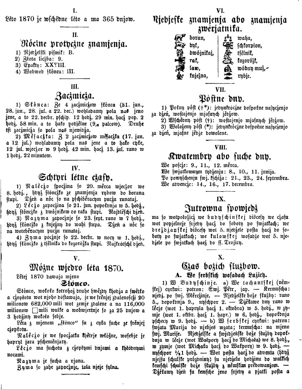 I. Wo 1870 je wschedne leto a ma 365 dnjow. II. N öcw e protyczne znam jenja. 1) Njedzelski pismik: B. 2) Z tota liczba: 9. 3 ) Epakty: X X V III. 4) W obwod stönca: III. III. Zaczmicza.