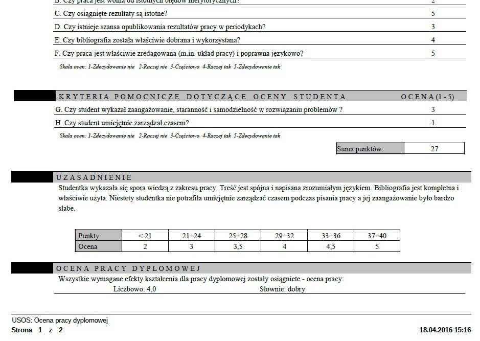 W przypadku niezgodności punktacji z wystawioną oceną, na formularzu pojawi się informacja, że została