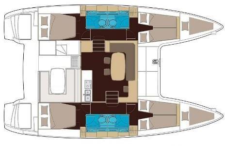 Lagoon 400 S2 oferuje 4 kabiny z podwójnymi kojami, każda z nich z własną toaletą oraz