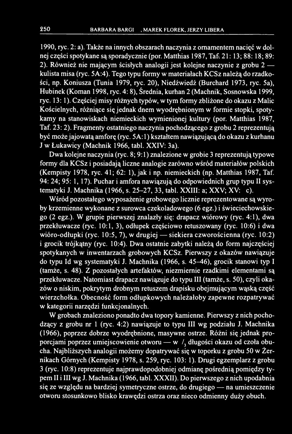 Koniusza (Tunia 1979, ryc. 20), Niedźwiedź (Burchard 1973, ryc. 5a), Hubinek (Koman 1998, ryc. 4: 8), Średnia, kurhan 2 (Machnik, Sosnowska 1999, ryc. 13: 1).