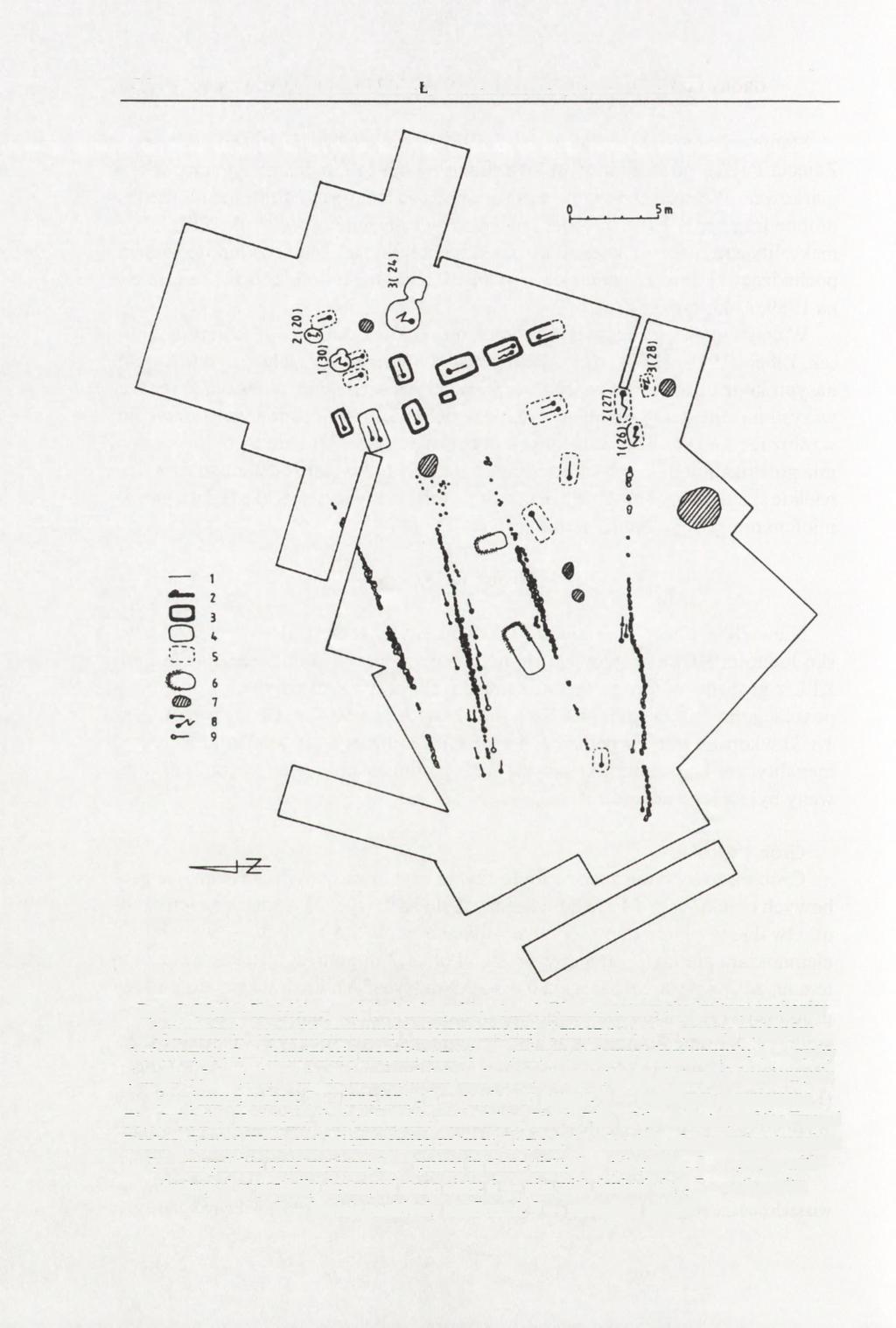 234 BARBARA BARGIEŁ, MAREK FLOREK, JERZY LIBERA Ryc. 2. Malice Kościelne, woj. świętokrzyskie, stan. 1. Plan cmentarzyska kultury pucharów lejkowatych, ceramiki sznurowej i mierzanowickiej.