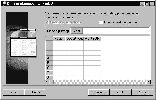 (cd) Dokonamy teraz modyfikacji rozkładu skoroszytu: element Year przenieśmy do elementów strony kolejność elementów:
