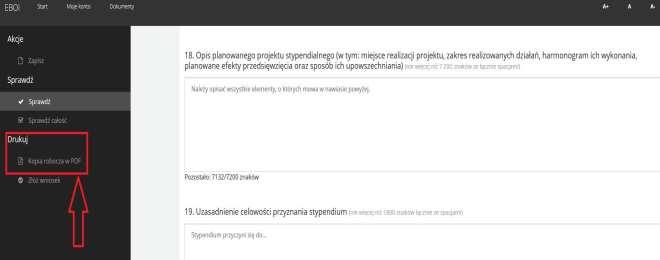 5. System EBOI umożliwia edycję Twojej Elektronicznej Aplikacji oraz jej wydruk, a także zapisanie jej na dysku komputera jako plik PDF (rys. 15). (rys. 15) 6.