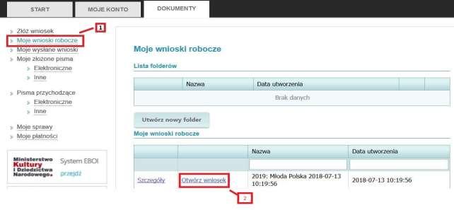 a) Elektroniczna Aplikacja, która została zapisana, jest kopią roboczą, którą możesz edytować. Znajdziesz ją w menu Dokumenty. Menu Dokumenty dostępne jest z serwisu EBOI (rys.