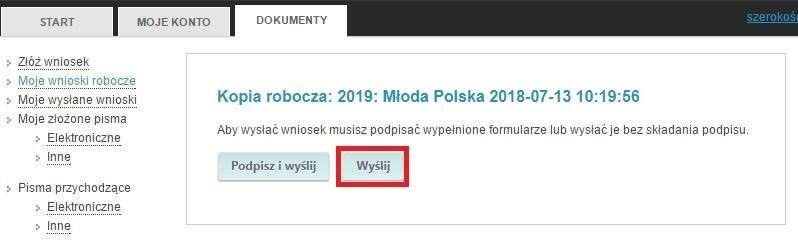 c) Po kliknięciu Złóż wniosek pojawi się okno wysyłania Elektronicznej Aplikacji.