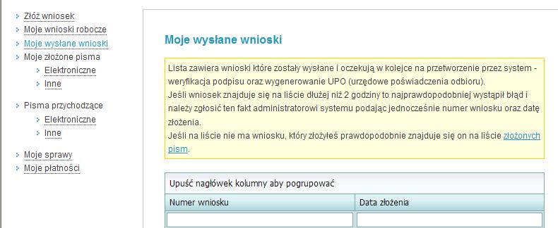 UWAGA! Przez okres niezbędny do przetworzenia Elektronicznej Aplikacji przez system EBOI, dane wniosku mogą nie być dostępne w zakładce Moje złożone pisma Elektroniczne.