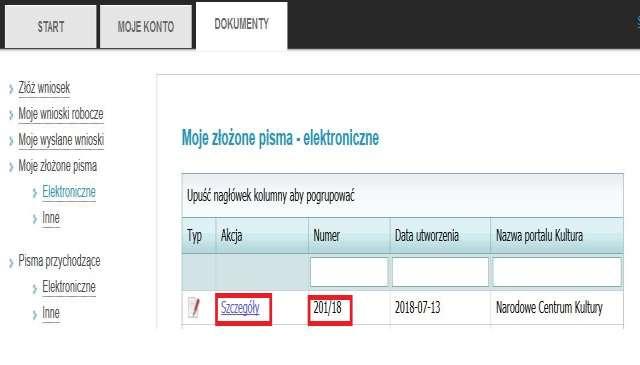 W przypadku, gdy Elektroniczna Aplikacja pozostaje widoczna w tej zakładce przez okres dłuższy niż 2 godziny należy postępować zgodnie z instrukcją zawartą w komunikacie, stale widocznym w widoku