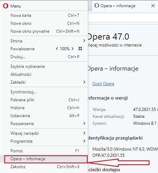 Krok 2 Następnie z menu rozwijanego wybrać pozycję Opera - informacje (rys.