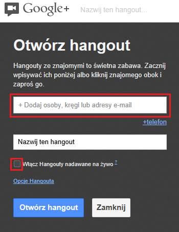 Hangouts on Air - czyli nadajemy na żywo. Jak widać na obrazku powyżej, mamy opcję Włącz Hangouty nadawane na żywo.