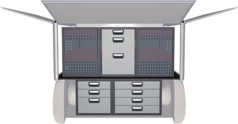 Na podłodze Dzięki połączeniu zestawów na długie szuflady z kombinacjami standardowych szuflad oraz innych produktów ModulSystem, w których unikalny rowek teowy pełni funkcję