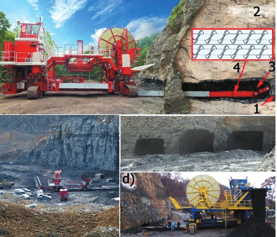 Metoda highwall mining: schemat metody; wyposażenie wyrobiska wraz z maszyną Terex SHM; wyrobiska po eksploatacji w hrabstwie Mingo w USA; d) kombajn typu AHS (American Highwall Systems) 1 pokład