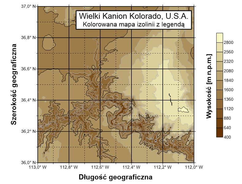 3.3.1. Ukształtowanie terenu, mapa izolinii Kanion rzeki Kolorado został zaprezentowany jako mapa izolonii (Contour Map).