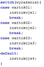 Instrukcja switch pozwala w wygodny sposób sprawdzić ciąg warunków i wykonać różny