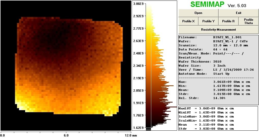 33 Mapa 3: Mapa rezistivity vzorku B39J2 bez osvícení, vzorek nebylo možné