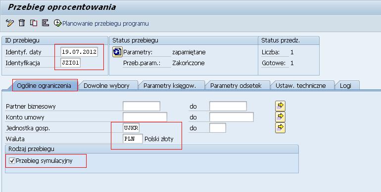 Procedura 1. Rozpocznij transakcje, korzystając ze ścieżki menu lub kodu transakcji FPINTM1. 2. Wypełnij poniższe pola w odpowiedni sposób. Identyf. Daty Data bieżąca np. 19.07.