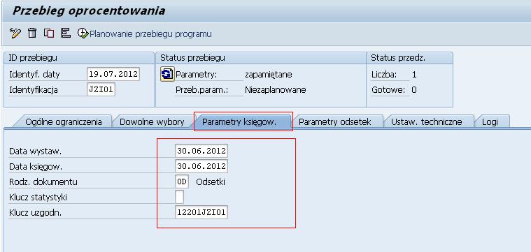 6. Przejdź do zakładki Parametry księgow. 7. Wypełnij poniższe pola w odpowiedni sposób. Data wystaw. Data księgow. Rodz.