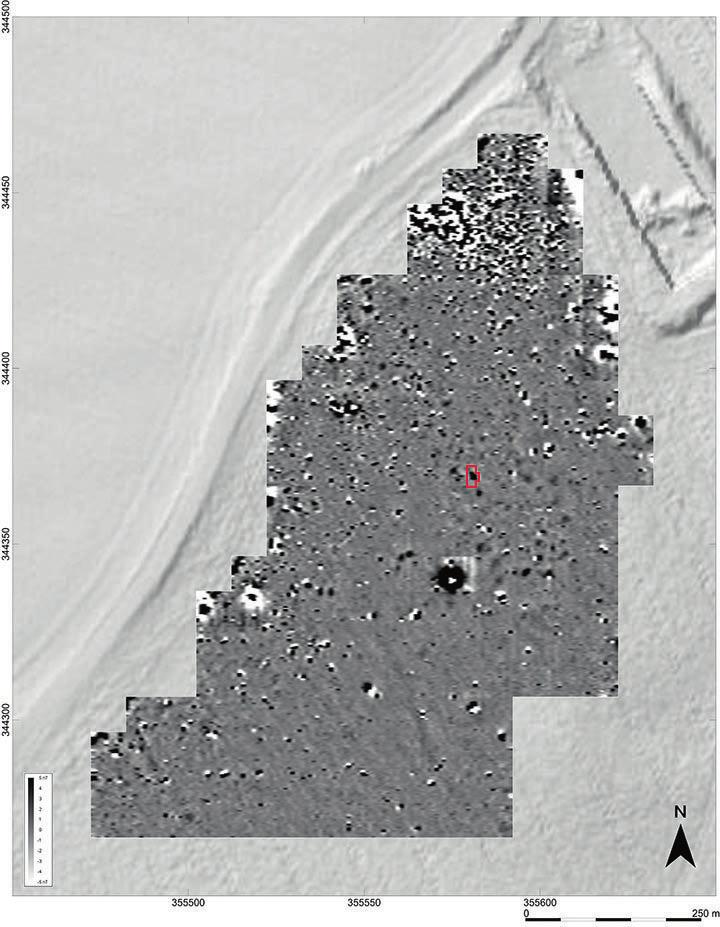 Archaeological potential of the Early Bronze Age 99 Fig. 5. Szczepankowice site 1, Kobierzyce County, Silesia. Geophysical prospection and greyscale plot with location of the trench 1. Graphics by M.