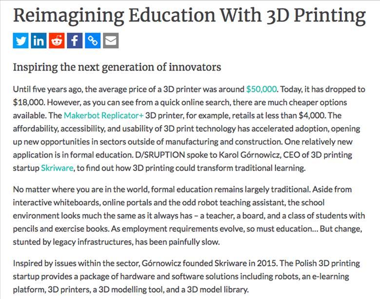 May 24, 2018 [USA] IN-DEPTH ARTICLE May 24, 2018 [POLAND] Disruption, Reimagining Education With 3D