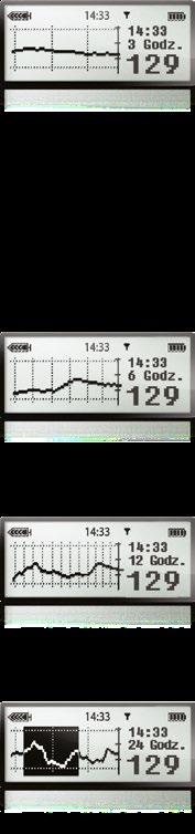 Wykresy przebiegu zmian stężenia glukozy Użytkownicy Systemu MiniMed Veo mają możliwość przeglądania przebiegu zmian stężenia glukozy. Wykresy 3, 6, 12 i 24-godzinne.