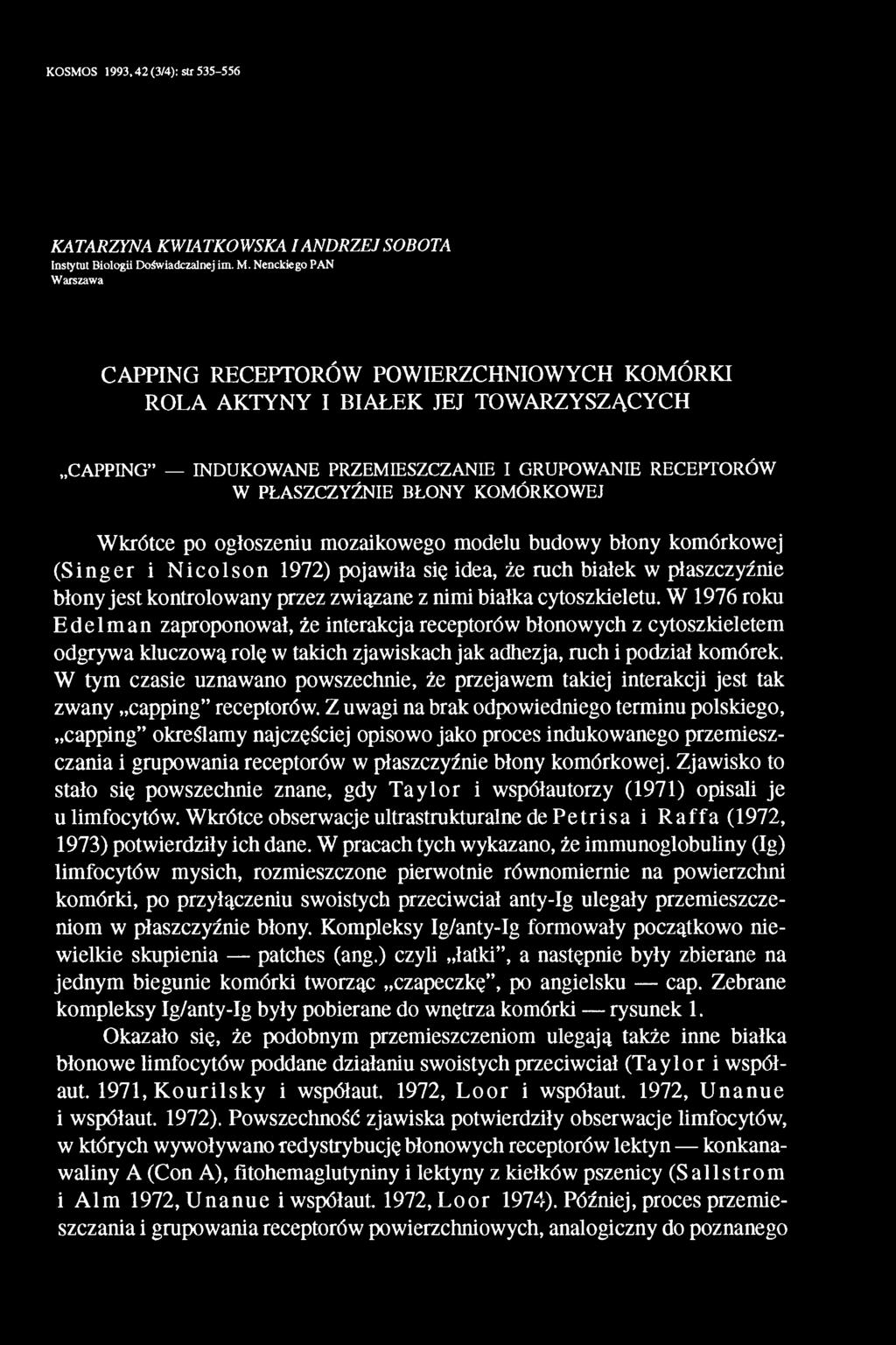 Wkrótce po ogłoszeniu mozaikowego modelu budowy błony komórkowej (Singer i Nicolson 1972) pojawiła się idea, że ruch białek w płaszczyźnie błony jest kontrolowany przez związane z nimi białka