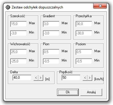 ZESTAW ODCHYŁEK DOPUSZCZALNYCH określamy Prędkość (okno po lewej) program sam dobiera odpowiednie