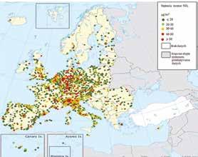 Stężenie roczne NO2 w krajach UE w 2015 r.