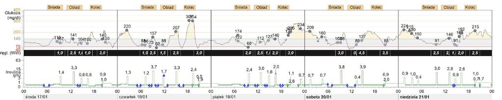 W niniejszym raporcie podsumowano informacje dotyczące pomiarów stężenia glukozy za pomocą glukometru i odczytanych przez sensor, a także dane na temat spożytych węglowodanów oraz podanej dawki