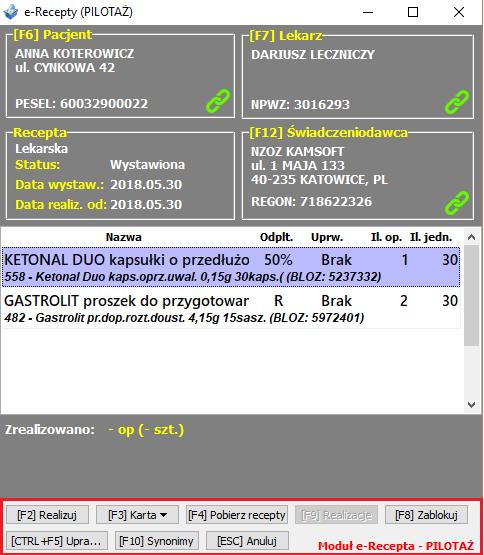 Rysunek 19 Pobrane recepty - przyciski Aby zrealizować receptę użyj przycisku [F2] Realizuj.