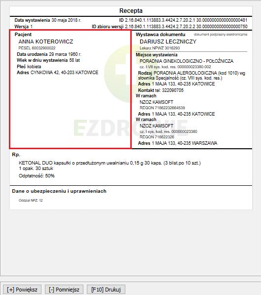 Rysunek 127 E-recepta - sekcja danych recepty Powyżej zaznaczono sekcję, w której znajdziesz informacje o recepcie. Jej dacie wystawienia i identyfikatorach.