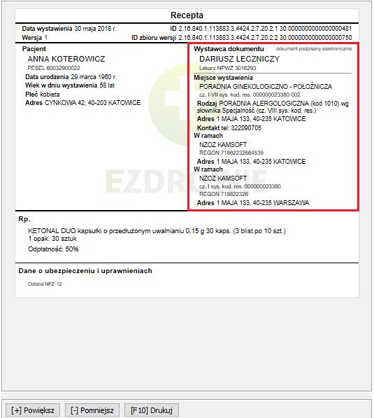 Rysunek 19 E-recepta - dane świadczeniodawcy i pracownika medycznego Kolejną sekcją recepty są