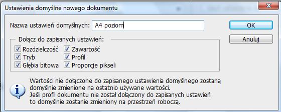 W otwartym oknie dialogowym wybieramy: spośród ustawień domyślnych wybieramy Papier International.