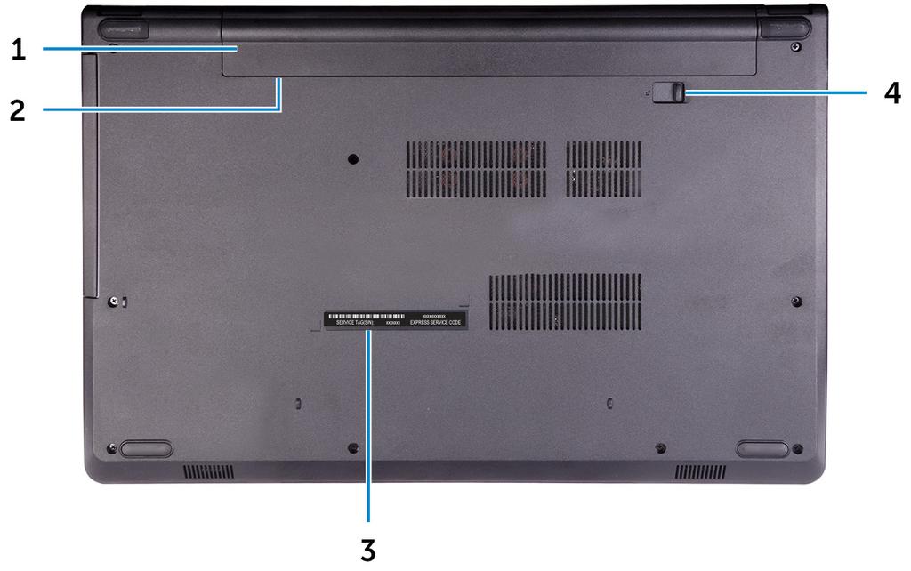 3 Microphone Tył Provides digital sound input for audio recording, voice calls, and so on. 1 Battery Supplies power to the computer.