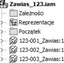 Wszystkie komponenty sk adowe z o enia Zawias_123.iam s cz ciami pochodnymi i s zwi zane z plikiem bazowym Zawias_123.ipt.