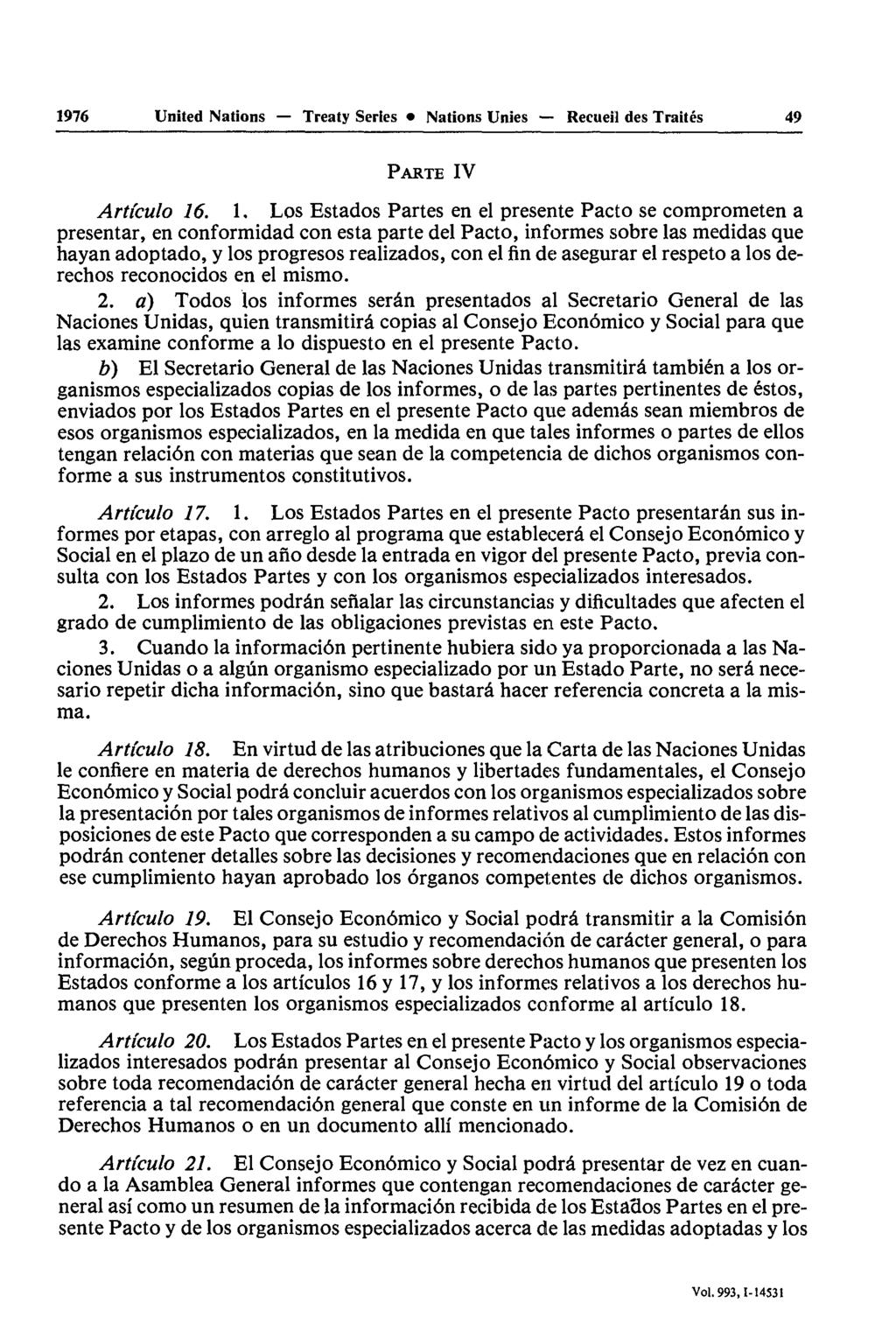 1976 United Nations Treaty Series Nations Unies Recueil des Traités 49 PARTE IV Articula 16