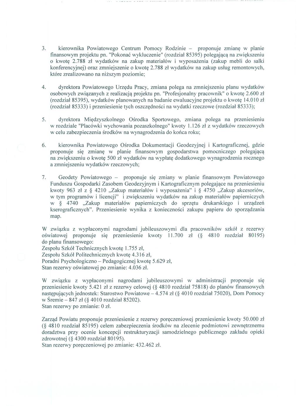 3. kierownika Powiatowego Centrum Pomocy Rodzinie - proponuje zmiane w planie finansowym projektu pn. "Pokonac wykluczenie" (rozdzial 85395) polegajaca na zwiekszeniu o kwote 2.