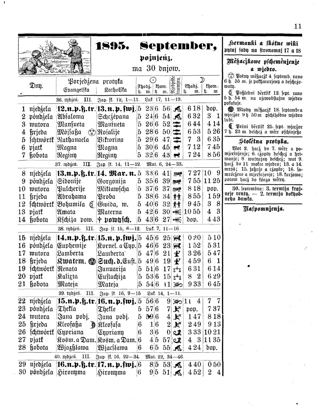 Dny. Porjedzena protyka E v a n g e lsk a K alh o lsk a 1895. September, poznjenz. ma 30 dnjow. o skhadz. khow. h. m. 11) m. If #1 36. tydzeri. I I I. J a p. sk. 12, 1 11. Luk 17, 11 19. D skhadz.