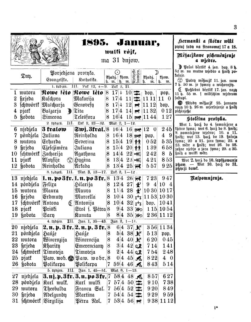 Dny. Porjedzena protyka. Evan>;elskc>. I K ath vlik a. 1895. Januar, wulki rözk, ma 31 bnjoto. l i skhadz.! khow. 'S % m. 1h. m. D skhadz. I khow. h. m. s h. m. 1. t«b',eit. IL1. Bus 12, 4 9.