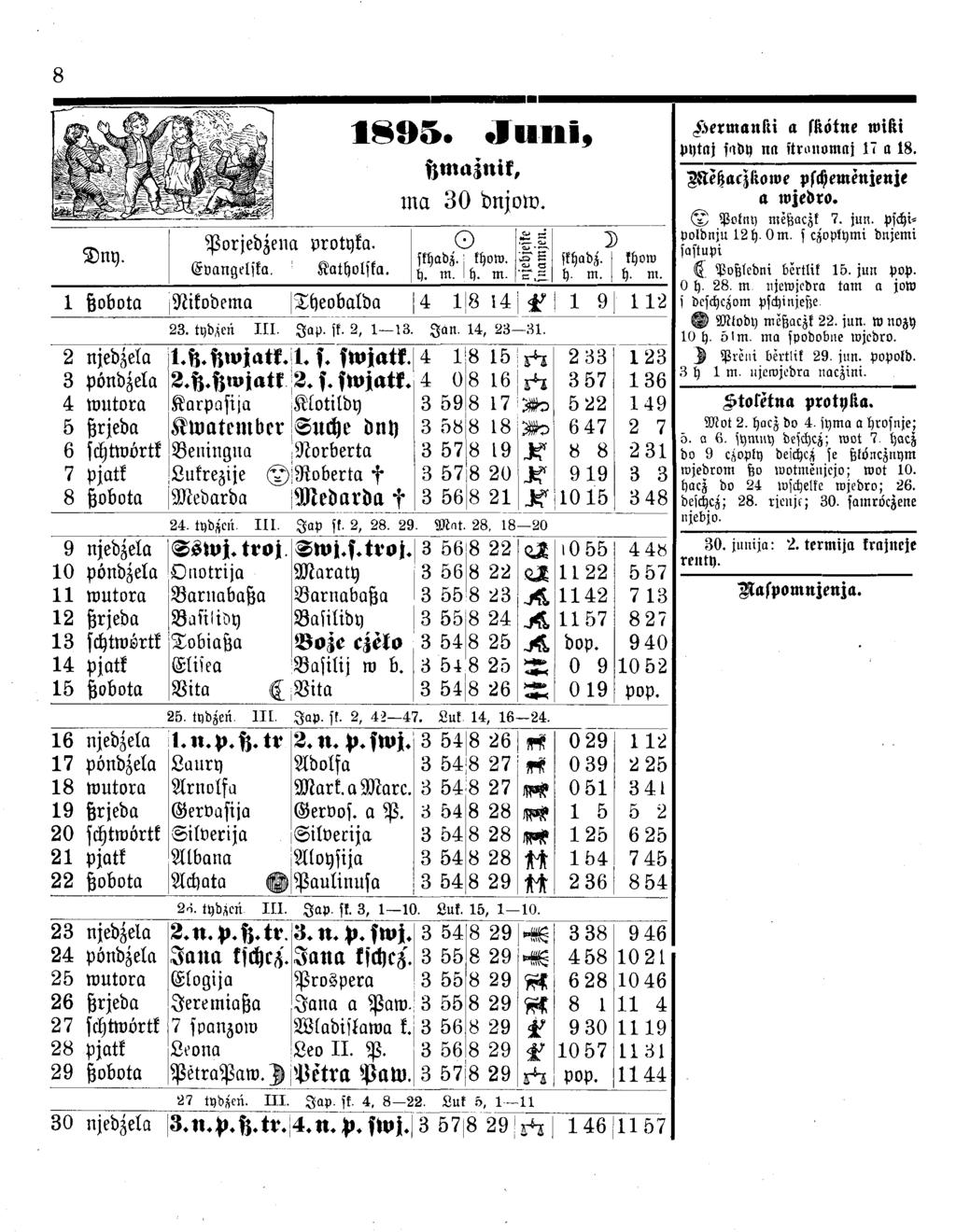 8 Porjedzena protyka. E vangclska. 1 K atholska. 1895. Juni, tzmaznik, ma 30 dnjow. o si Dny. skhabz. j khow. h. m. h. m. n«. 1 ßobota ^Nikodema Theobalda 4 1 8 14 *... 23. tybzcn I I I. J a p. ff.
