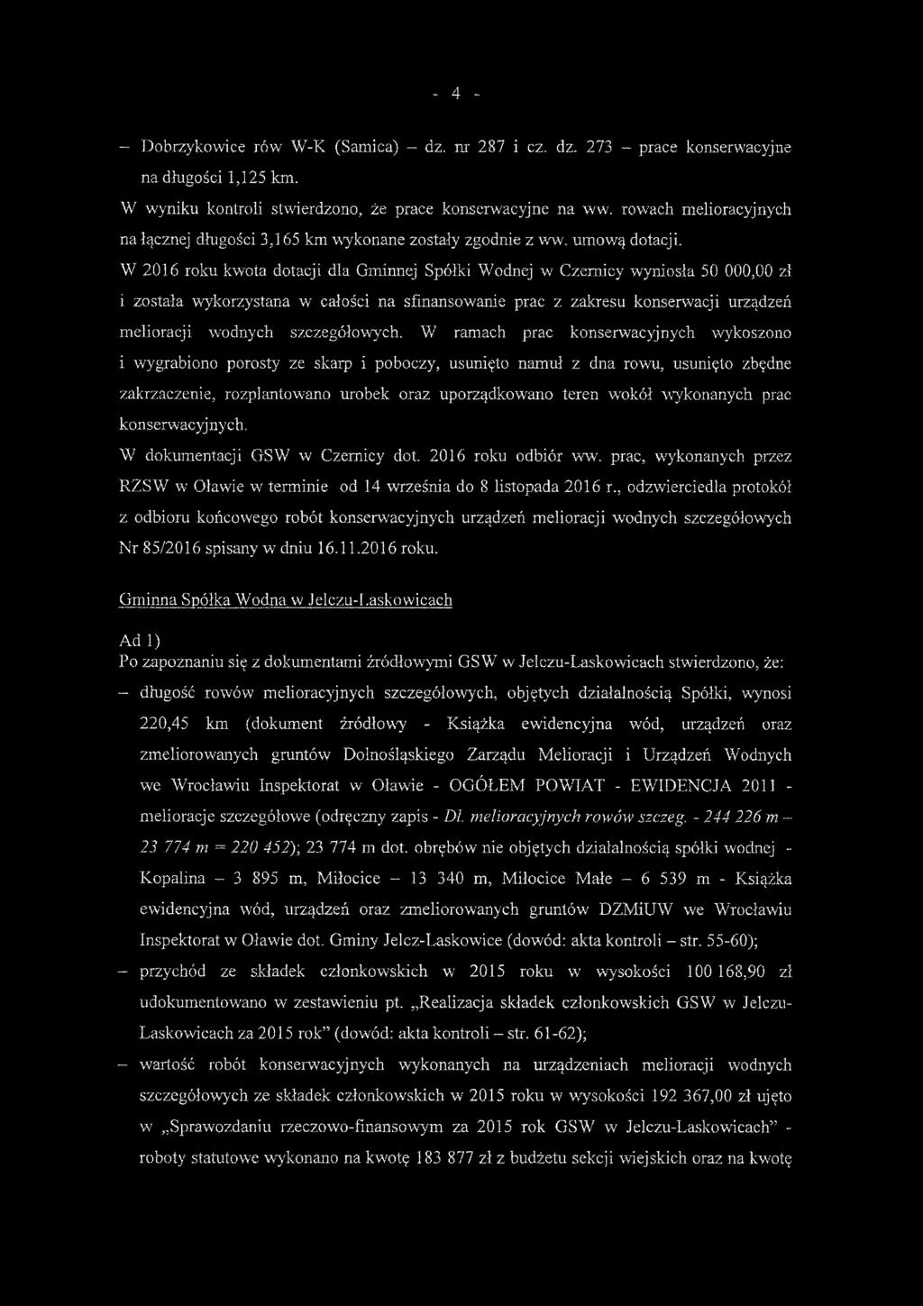 W 2016 roku kwota dotacji dla Gminnej Spółki Wodnej w Czernicy wyniosła 50 000,00 zł i została wykorzystana w całości na sfinansowanie prac z zakresu konserwacji urządzeń melioracji wodnych