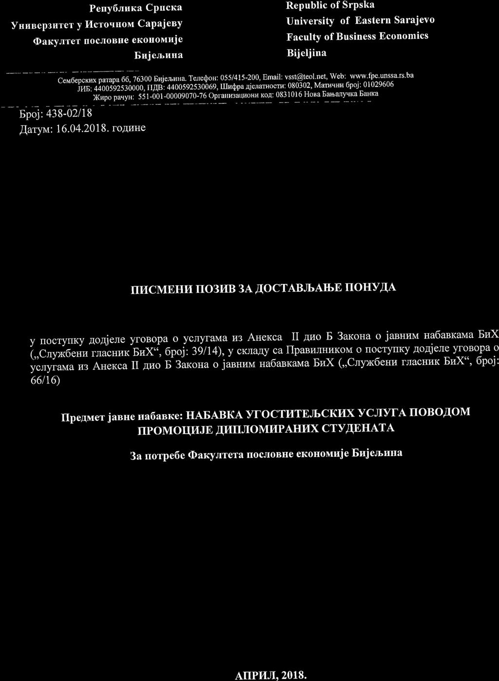 Vnunepsurer Y (Dalcylrer - Peuy6luna CPncna llcroqnonr CaPajenY nocjrobhe enouomnje Bnjemuna Republic of Srpska University of Eastern Sarajevo Faculty of Business Economics Bijeljina *- ;;"Ud;x