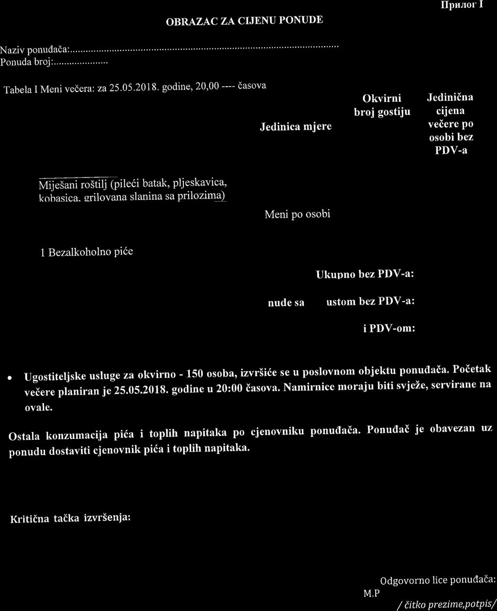 OBRAZAC ZA CIJENU PONTJDE Ilpunor I Naziv ponudada:.., Ponuda broj :... Tabela I Meni vedera: 2a25.
