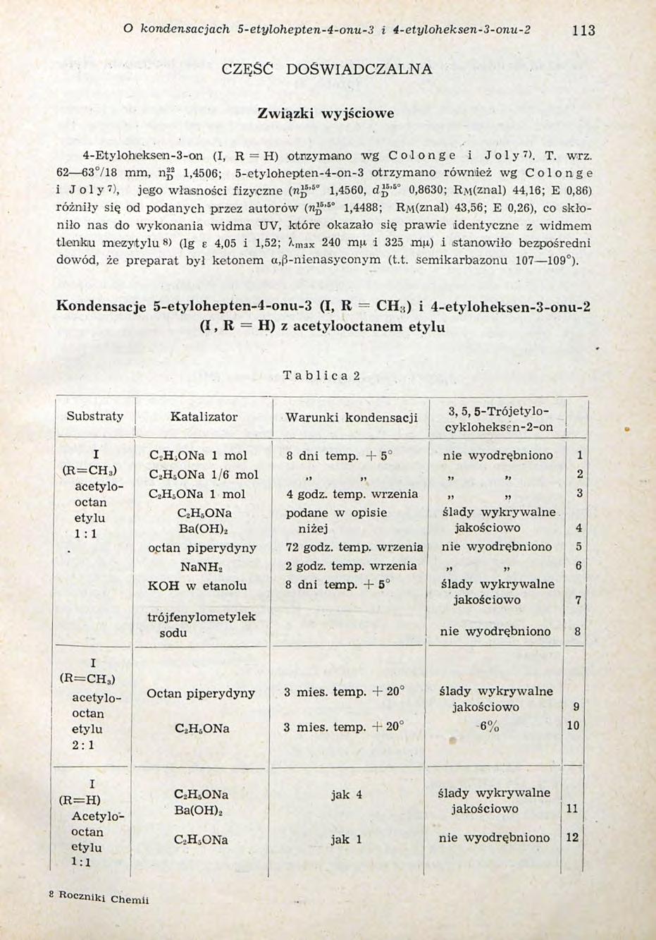 kondensacjach 5-etylohepten-4-onu-3 i 4-etyloheksen-3-onu-2 113 CZĘŚĆ DŚWADCZALNA Związki wyjściowe 4-Etyloheksen-3-on (, R = H) otrzymano wg Col on g e i J o 1 y ">. T. wrz.