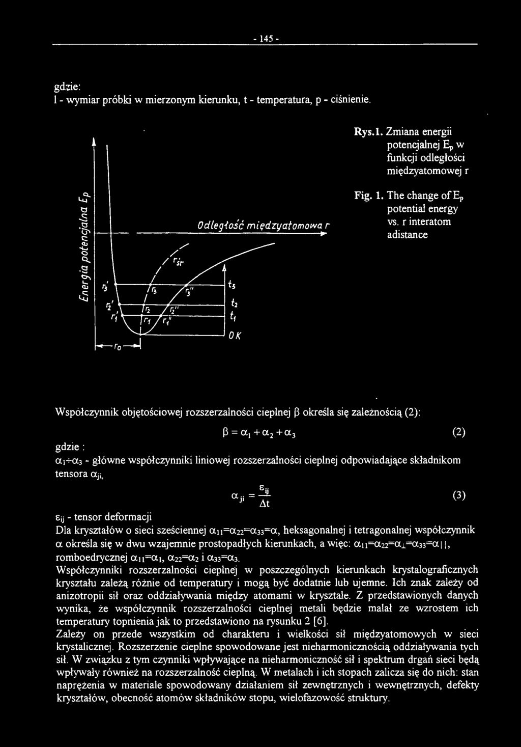 r interatom adistance Współczynnik objętościowej rozszerzaności ciepnej ~ okreśa s i ę zaeżnością (2) ~=a., +a.2 +a.3 (2) gdzie : a. 1 7a.
