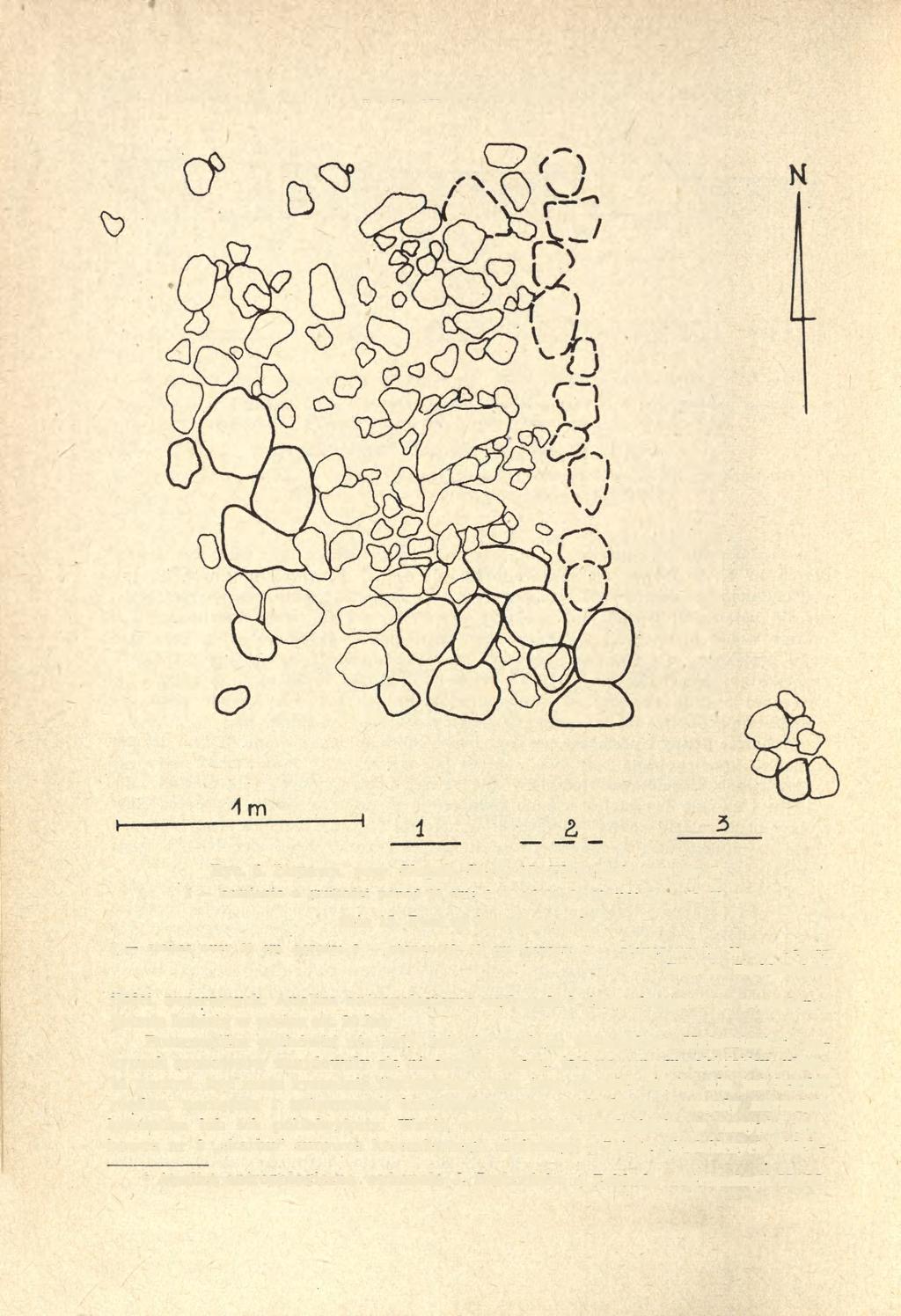 32 DOBROCHNA JANKOWSKA Ryc. 5. Łupawa, pow. Słupsk, Stan. 15. Plan grobowca nr 8: l kamienie o grubości ponad 30 cm; 2 od 20 do 30 cm; 3 do 20 cm Site 15. Plan of barrow no.